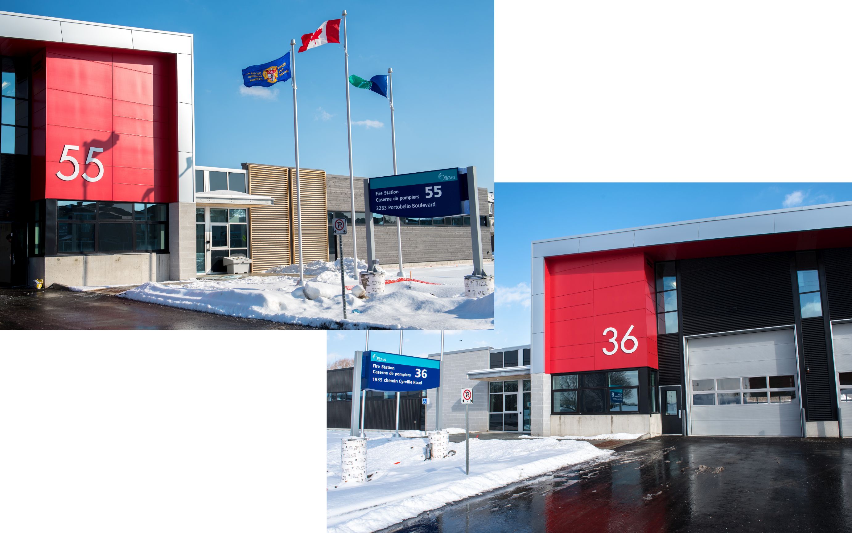 Exterior view of the new modern fire stations, featuring the large garage doors and front entrance to the building.